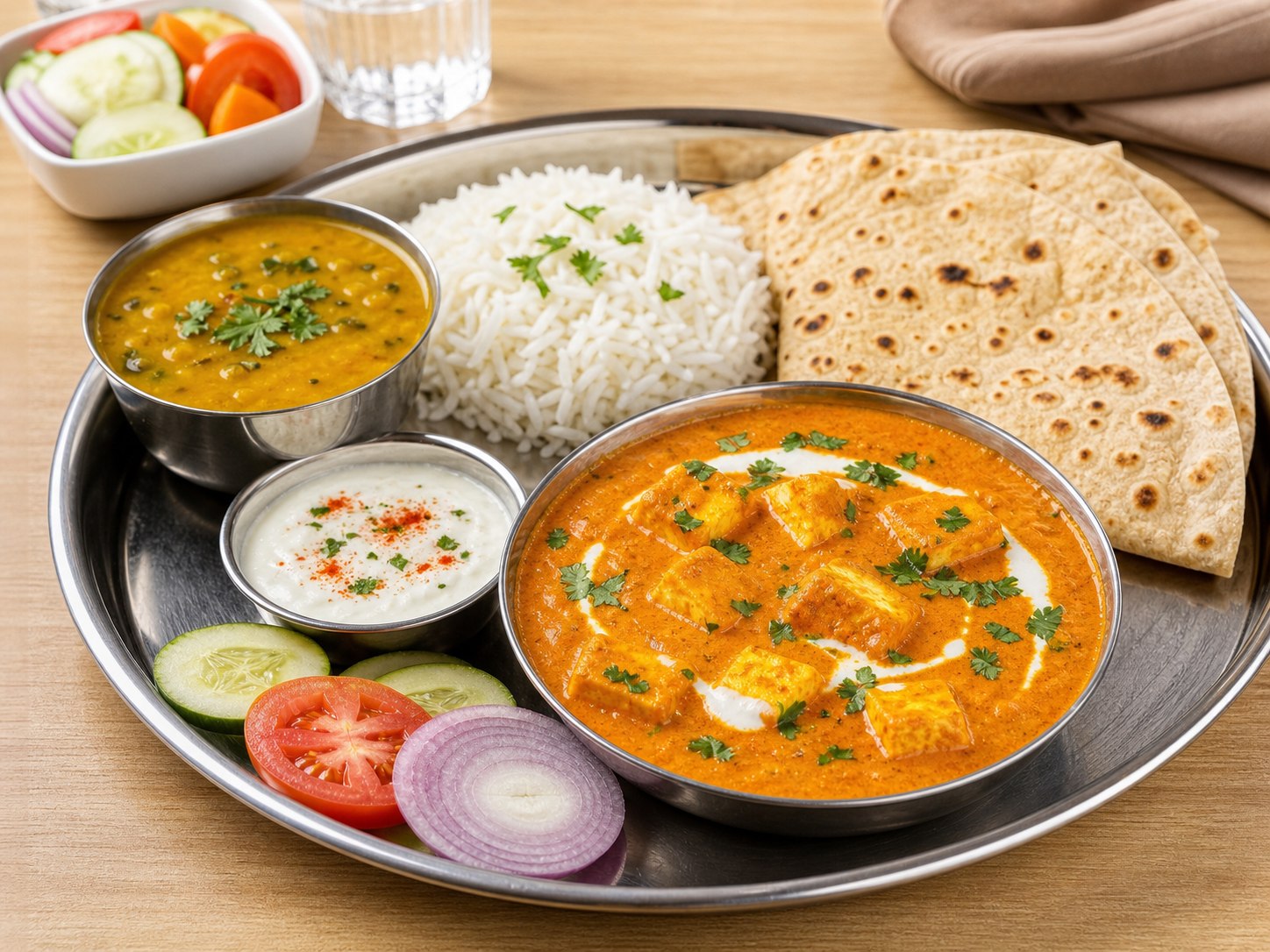 Vegetarian meal with Shahi Paneer and fresh homestyle food